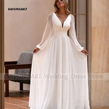 Элегантное простое шифоновое свадебное платье с глубоким V-образным вырезом для женщин A-Line Sweep Train Пышные рукава Платье невесты Vestidos De Novia Custom