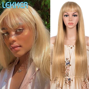 Lekker Wear to go Highlight Gold Blonde Bone Straight Human Hair Wig With Челка Для Женщин Бразильский Реми Волосы Бесклеевые 28 '' Парики