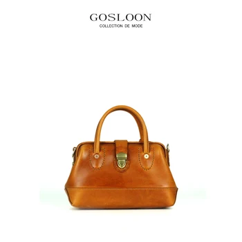 Gosloon-590 Бренд Оригинальный дизайн Женская сумка через плечо из воловьей кожи Черный формальный стиль Классическая кожа ручной работы Бостонская сумка Мода