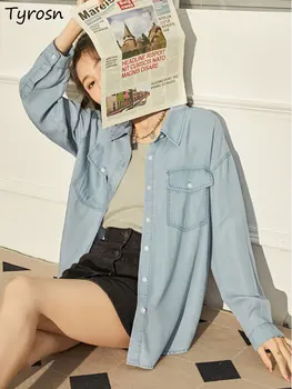 Рубашки Женщины Весна Дизайн Всематчевые Досуг Свободный Деним Мода Отложной Воротник Ежедневный Твердый Нежный Корейский Стиль Студенты Уютные