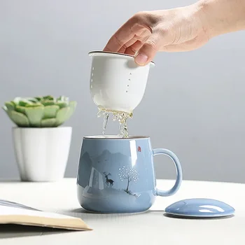  Керамический фильтр Чайная чашка Простая посуда большой емкости для пар Бытовая кофейная кружка с крышкой Фарфоровая офисная чашка для разделения чая