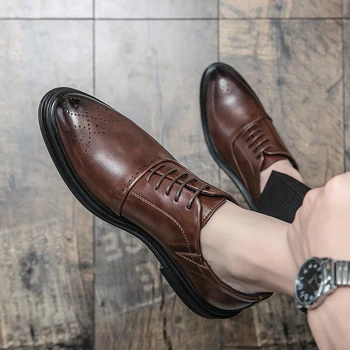 2023 Роскошная кожаная мужская деловая формальная обувь на шнуровке нескользящая кожаная обувь для мужчин повседневная сшитая обувь для вождения Бесплатная доставка