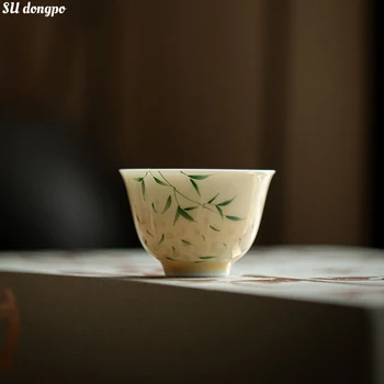 Маленькие фарфоровые бамбуковые подглазурные цветные чайные чашки с ручной росписью Желтые литераторы Чайные чашки для чайной церемонии
