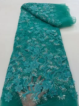 нигерийская вышивка бисером французская тюль кружевная ткань 2022 Зеленый высококачественный пайетки Африканская сетчатая кружевная ткань для свадьбы