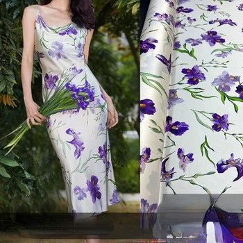  Custom Purple Iris White Stretch Twill Mulberry Шелковая рубашка Высокое качество Платье Портновская ткань На полметра Alibaba Express