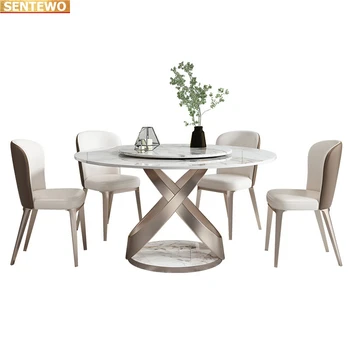 Дизайнер Роскошный круглый ужин Мраморная каменная плита обеденный стол набор 4 6 стульев mesa tavoli мебель meuble Нержавеющая сталь золотое основание