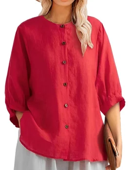 Летние рубашки и блузки Новый Топ Женская одежда O Вырез 5/4 Рукава Свободный хлопок Лен Большой размер Женская рубашка Camisa Feminina