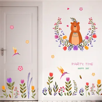 Милый медведь с цветочной лозой Наклейки на стену для детской комнаты Украшение детской комнаты Мультфильм Животное Мурал Искусство Детский дом Наклейка ПВХ Плакат