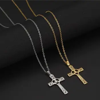 1PC Religous Jesus Cross Ожерелья Celtics Knot Кулон Цепочка Ожерелье Из Нержавеющей Стали Для Женщин Винтажный Амулет Ювелирные Изделия F1540