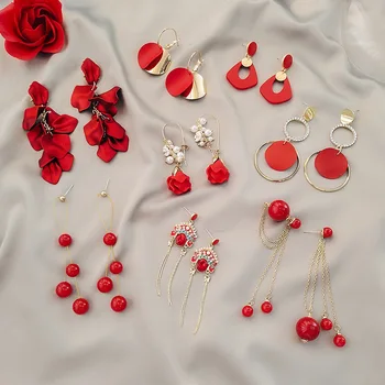 корейский стиль сладкий красный сердечный цветок длинные серьги-капли для женщин и девочек геометрические круглые цветочные висячие серьги свадебные ювелирные изделия