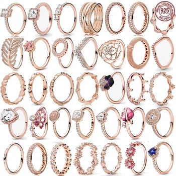 Различные стили стерлингового серебра 925 пробы, розовое золото, кольцо с цветком персика, лепесток в форме сердца, винтажное кольцо в форме короны, ювелирные изделия, подарок на годовщину