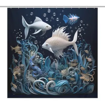  Marine Life Exploration Водонепроницаемая занавеска для душа для ванной комнаты, Sea World Fish Theme с крючками 12 шт.