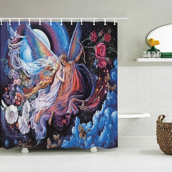 Европейская масляная живопись Набивная ткань Занавески для душа Ретро Иисус Ангел Экран для ванны Водонепроницаемые продукты Декор ванной комнаты с крючками