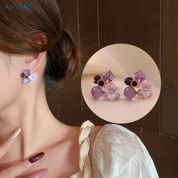 Модные фиолетовые серьги-гвоздики с кристаллом и цветком для женщин свадебные ювелирные украшения для вечеринок