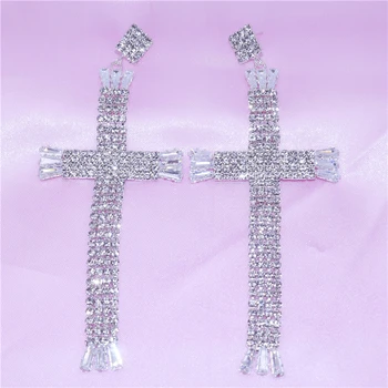  простые стразы кристалл кисточка длинные серьги для женщин сияющая свадебная вечеринка висячие висячие свадебные серьги серьги с крестом