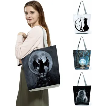  Новинка 2022 года Многоразовая сумка Сумки для покупок Дорожная сумка высокой емкости Сумка через плечо Moon Cat Print Cool Tote Модные женские портативные