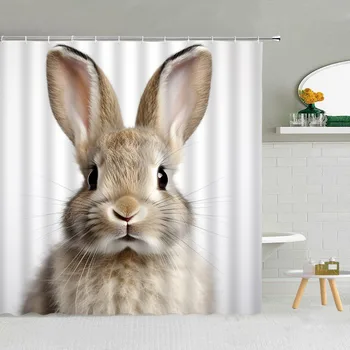 Забавный занавес для душа с кроликом, серо-белый коричневый мультяшный милый душ для домашних животных, детская занавеска для душа, ткань, декоративные аксессуары для ванной комнаты