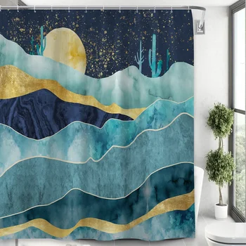 Абстрактный набор занавесок для душа Солнце Гора Кактус Синее Золото Линия Креативное Искусство Шторы для ванной комнаты Водонепроницаемый тканевый декор с крючками