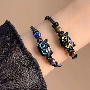 Симпатичный кошачий браслет для регулируемых черных веревочных браслетов для пары дружбы уникальные браслеты из бусин черной кошки