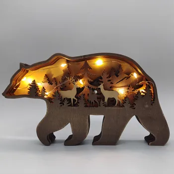  Ручная работа Деревянный 3D Медведь Лось Резьба по животным Ручная работа со светлым декором Для дома Рождественское украшение Новый год 2023Рождественский подарок Navidad