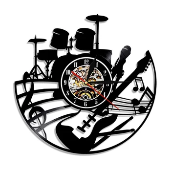 Винтажная музыкальная тема LED Освещение Барабаны Гитара Виниловая пластинка Настенные часы Современный домашний декоративный подарок для любителя музыки