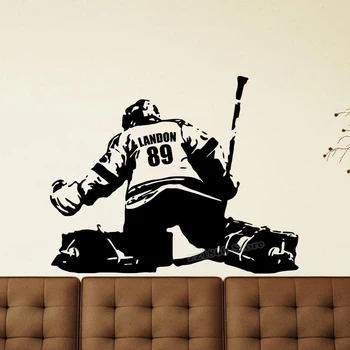 Персонализированная виниловая наклейка на стену Хоккейная майка Пользовательское имя и номер Наклейка на стену Хоккеист Домашний декор стены Художественный плакат B653
