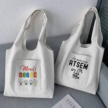 Super Atsem Женские сумки с французским принтом Белые холщовые сумки Эко многоразовая сумка для покупок Учитель моды Сумка для книг через плечо