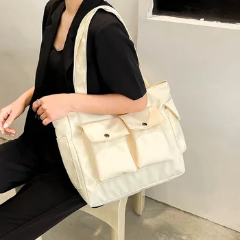  Холщовая женская сумка большой емкости 2023 Новая простая сумка на одно плечо для поездок на работу Модная портативная сумка для подмышек с двойным карманом
