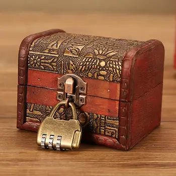 Сундук с сокровищами Винтажная коробка для хранения Деревянное ювелирное кольцо с замком Деревянный держатель для брелока Жемчужный деревянный органайзер