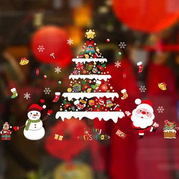 Рождественские наклейки Рождественская елка Санта-Клаус Снеговик Колокольчики Обои Стеклянный декор окна Наклейки Самоклеящиеся съемные рождественские наклейки