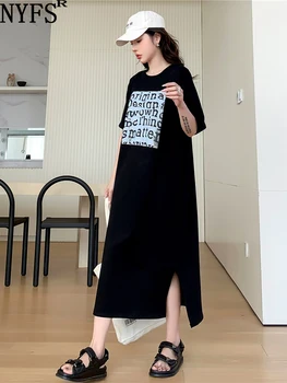 NYFS 2023 Лето Новая Корея Письмо Разрез Женщина Платье Vestidos Robe Elbise Свободный Большие размеры С коротким рукавом Длинное платье