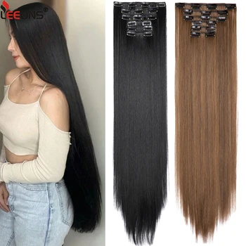 Синтетический 16 зажимов для наращивания волос Длинные 75 см 30 дюймов прямые черно-коричневые волосы для наращивания 6 шт./комплект толстый шиньон для женщин