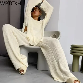 Женская пижама С длинным рукавом Пижамы Пижамы с круглым вырезом Ночные брюки Повседневный чистый цвет Костюм из двух частей Женщины Спальные пижамы