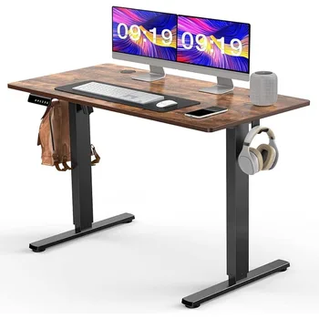 48 x 24 Рабочий игровой стол для сидения и стояния с контроллером памяти / крючком для наушников, рабочая станция с подъемным подъемом - Rustic Brown