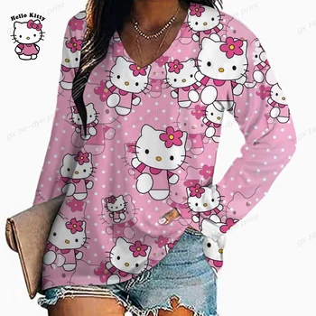 Женские модные футболки Весна с длинным рукавом Повседневные топы Hello Kitty Print High Street Tee 4XL Размер Женская одежда Свободная футболка