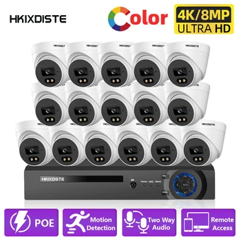 H.265 4K Система камер видеонаблюдения 16CH POE NVR Kit HD 8MP Полноцветные камеры ночного видения CCTV Система видеонаблюдения Набор XMEYE