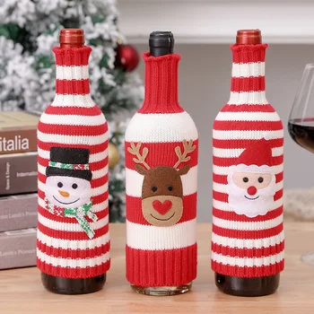 Рождественский вязаный полосатый футляр для винных бутылок Лось Снеговик Красное вино Чехол для бутылки шампанского 2023 Счастливого Рождества Декор С Новым годом