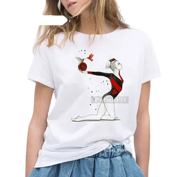 Новая элегантная футболка с коротким рукавом с балетным принтом Женская летняя свободная одежда для родителей и детей Студентка Девочки Фитнес Спортивная футболка Футболка