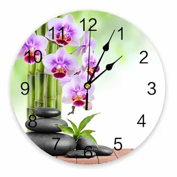 Бамбук Орхидея Дзен Камень Цветок Декоративные Круглые Настенные Часы Арабские Цифры Дизайн Нетикающие Спальни Ванная комната Большие настенные часы