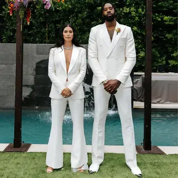 белый приталенный мужской костюм двубортный мужской блейзер комплекты любовники пара смокинги пиджак и брюки остроконечный лацкан жених одежда
