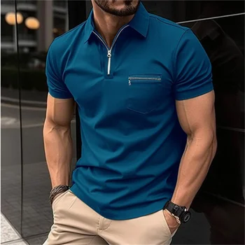 Летняя мужская модная трикотажная рубашка-поло на молнии с коротким рукавом Мужская свободный карман высококачественная спортивная рубашка-поло на молнии с лацканом