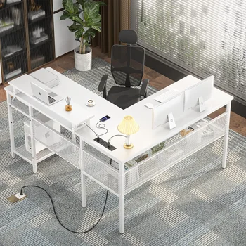 Двусторонний L-образный стол Unikito с розетками и умной светодиодной подсветкой, 55-дюймовый компьютерный офисный стол, уникальный дизайн сетки