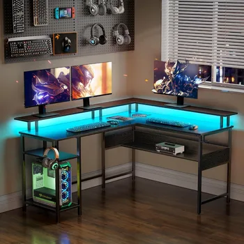  Компьютерные столы L-образные 59 дюймов со светодиодными розетками,Реверсивные игры с подставкой для монитора,Стол с крючком для USB-порта,Черный