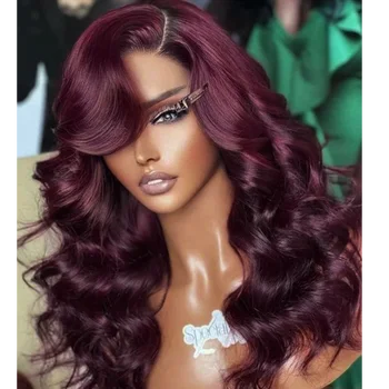 Body Wave Кружевные фронтальные парики Темно-фиолетовый синтетический кружевной бесклеевой парик Темно-бордовый предварительно выщипанный парик с детскими волосами для женщин