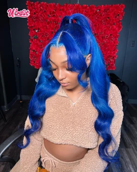 Синий цвет 13x6 Body Wave Кружева Фронтальный парик из человеческих волос 13x4 Body Wave Парики для женщин Парики из волос 30-дюймовые предварительно выщипанные парики Hairline