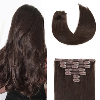 Зажим для наращивания волос Настоящие человеческие волосы 100% Remy Человеческие волосы Темно-коричневый зажим в наращивании Мягкий шелковистый прямой для модных женщин