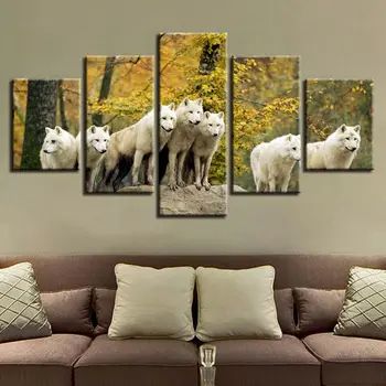 5 панель дикая природа белый волк команда животных модульные картины HD печати плакаты холст настенные картины для гостиной домашний декор