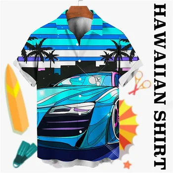 гавайская мужская 3D-рубашка с принтом кокосовой пальмы, повседневная рубашка с короткими рукавами и пуговицами, абстрактный автомобильный принт, топ, 2023